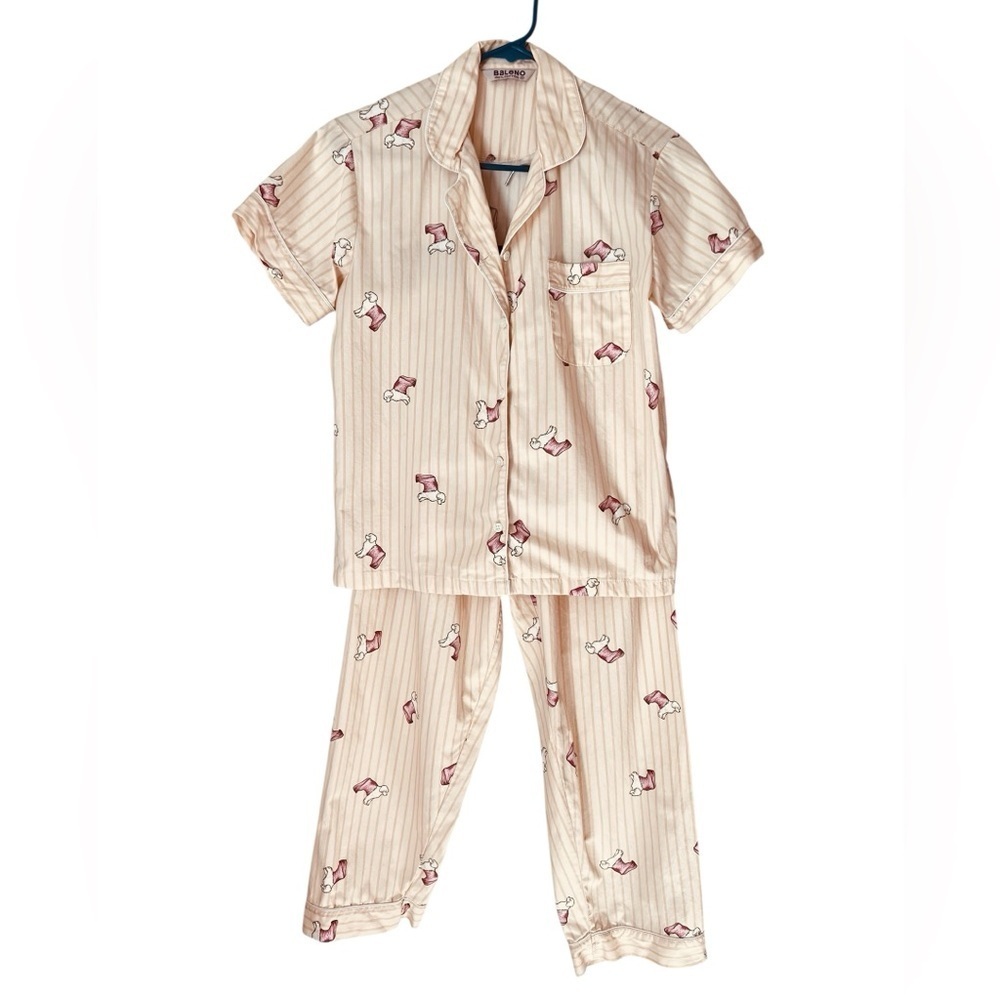 Baleno Women’s Blush and Maroon Pajama Set with Vintage-Inspired Dog Design SZ S